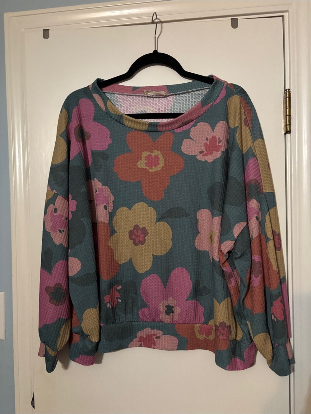Floral Waffle-Knit Scoop Neck Sweatshirt - Teal Multi